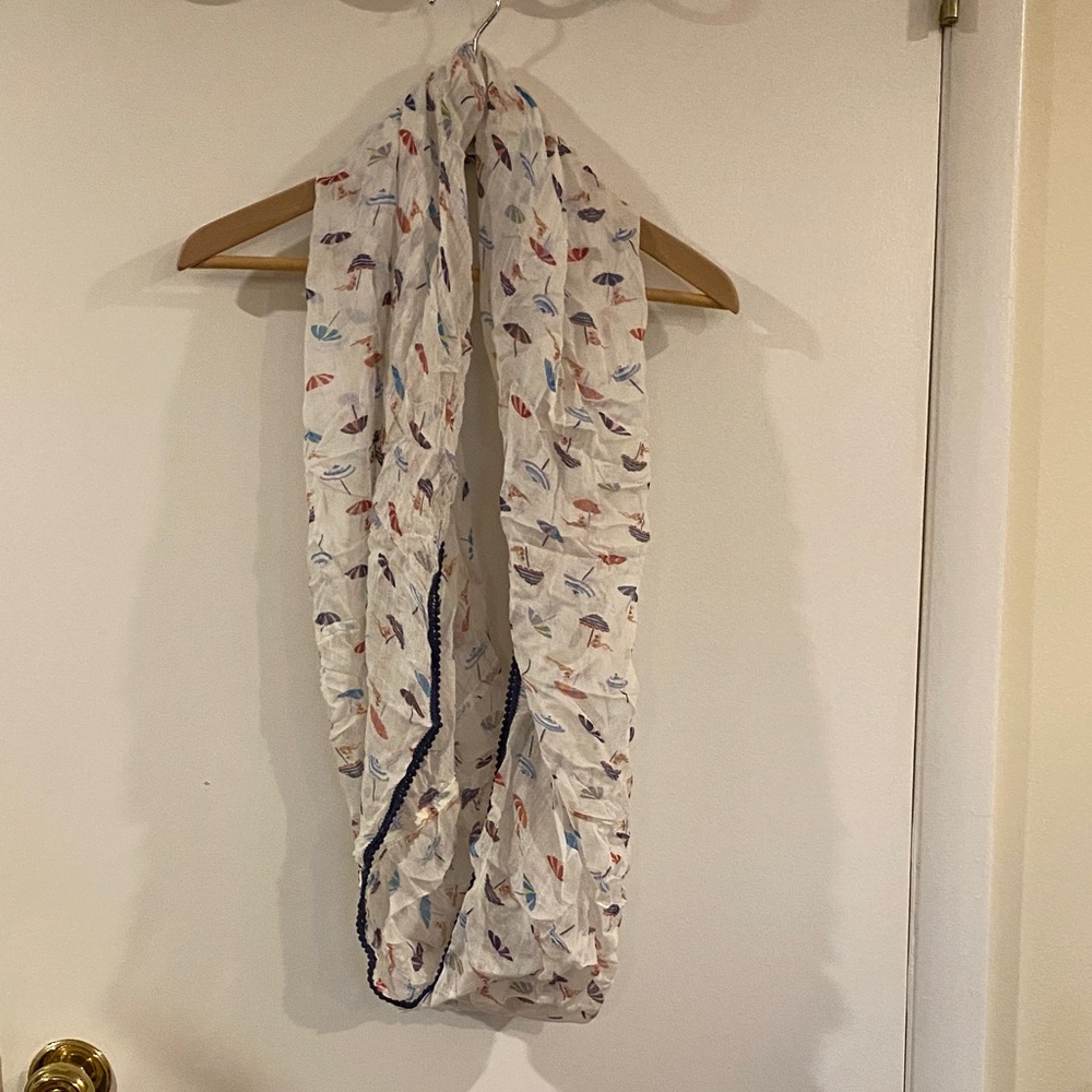 Lightweight White Infinity Scarf with Multicolor Feather Print